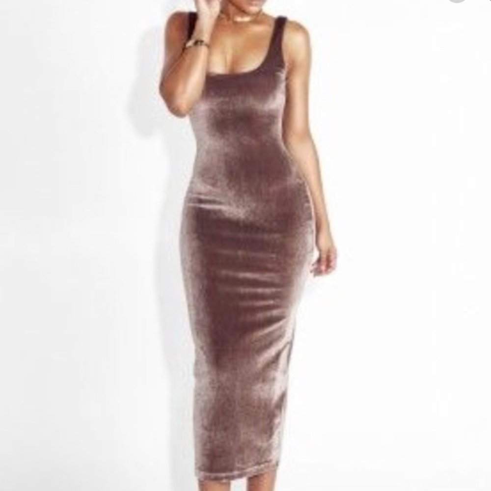 JLUXLABEL Taupe Grey Oliva Velvet Tank Midi Dress
